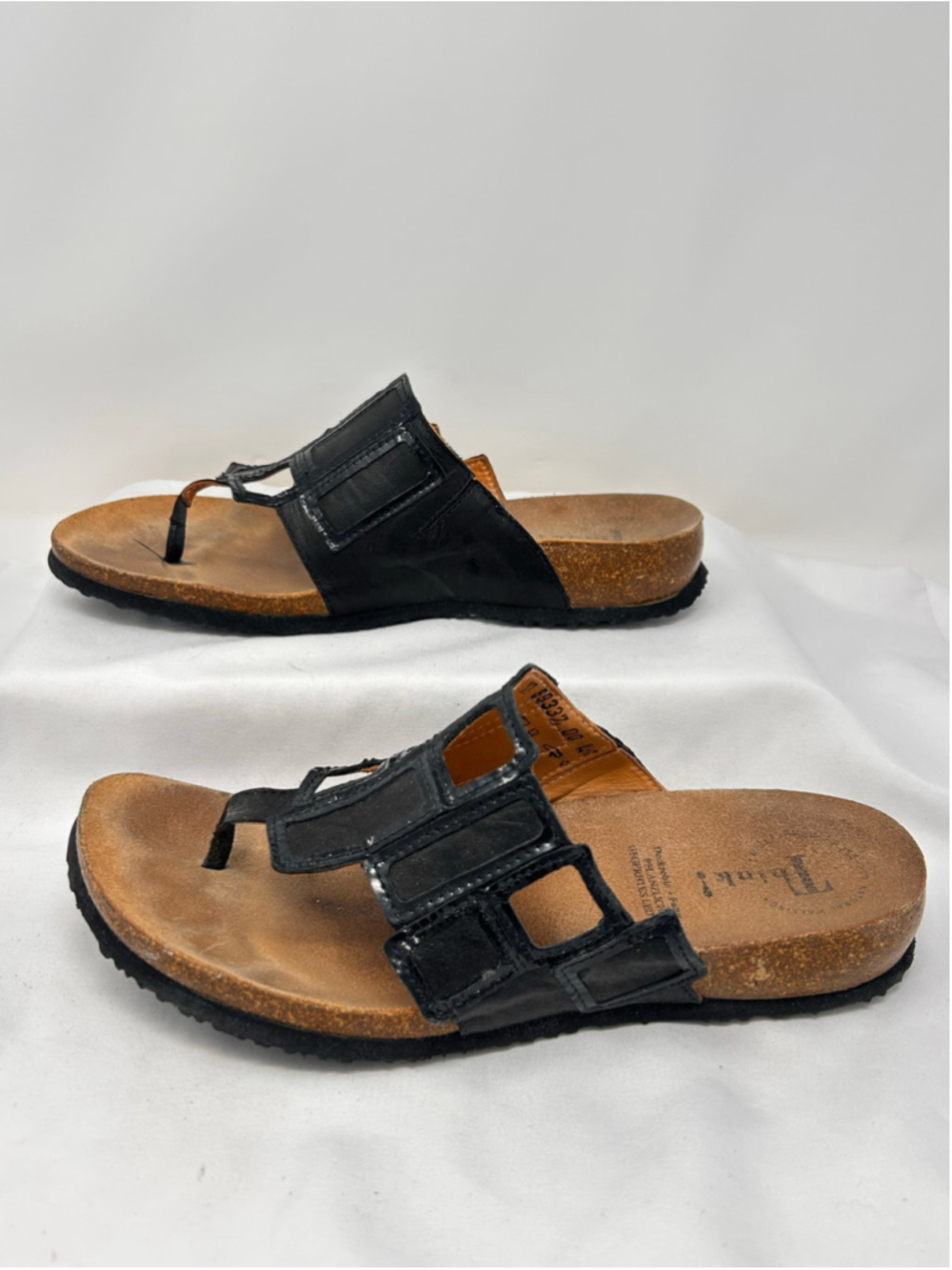 THINK! 41 Black Leather Geometric Cutout Cork Footbed Thong Sandals
